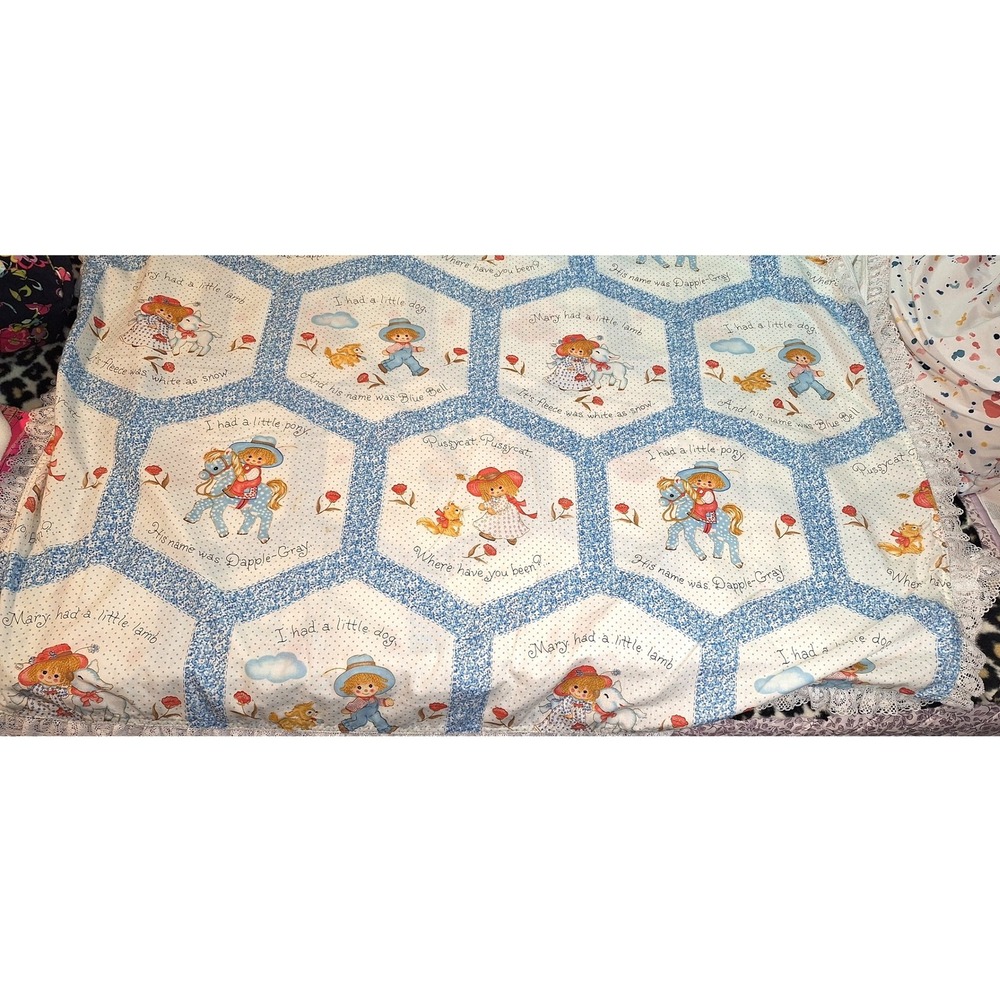 Vintage Nursery Rhyme Baby Blanket Blue Lace Trim Mary Had A Little Lamb Pony